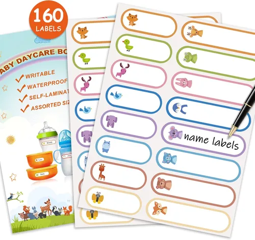 160 etiquetas para biberones para guardería, etiquetas impermeables para nombres de niños, autolaminables, autolaminables, para guardería, varios