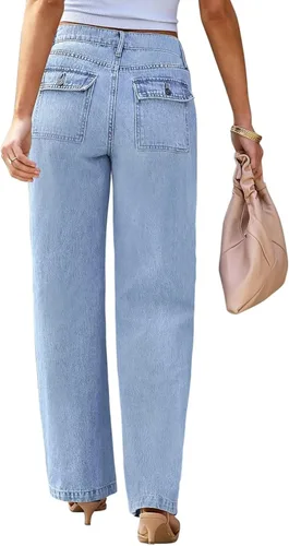 Miniatura 2 de Jeans cargo para mujer, de cintura alta, pierna ancha, con bolsillo de solapa, Y2K, jeans de carpintero para mujer, pantalones cargo de mezclilla