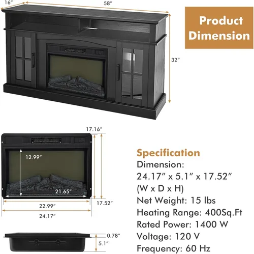 Miniatura 7 de GOFLAME Soporte de TV de 58 pulgadas con inserto de chimenea eléctrica, centro de entretenimiento con chimenea con armarios laterales y estantes