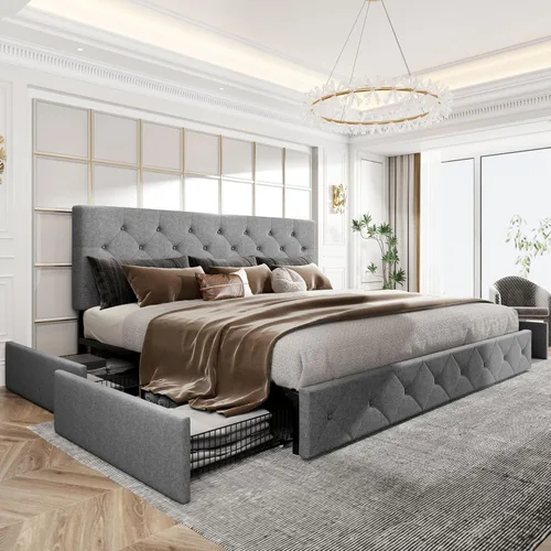 Miniatura 25 de HOOMIC Base de cama de almacenamiento de plataforma de tamaño matrimonial con 4 cajones y cabecera ajustable, listones de madera, no necesita Gris