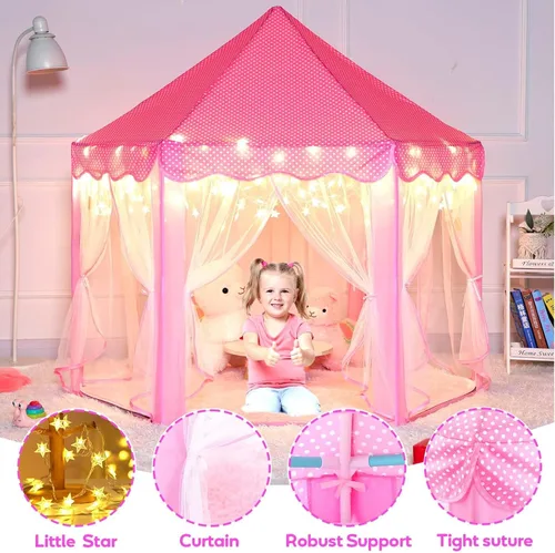 Miniatura 5 de Sumbababy - Tienda de campaña de castillo de princesa para niñas, de juego, hexagonal, azul, con luces de estrella de hadas, juguetes para niños