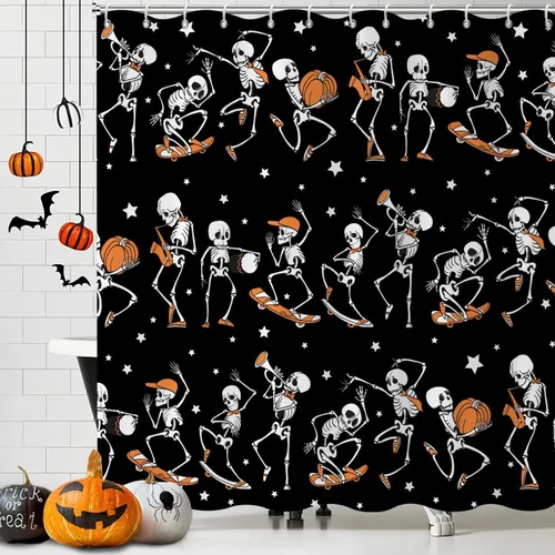 Miniatura 16 de Cortina de ducha de Halloween, con temática de Halloween, diseño de murciélago blanco y negro, decoración de fiesta de Halloween, tela impermeable