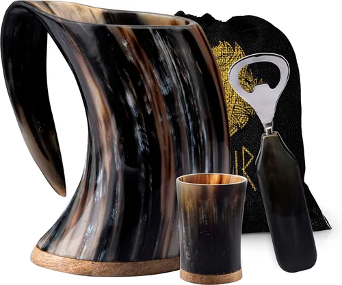 FENRIR Taza de cuerno vikingo de 16 onzas con vaso de chupito, regalos vikingos para hombres y mujeres, abridor de botellas, jarra de cuerno de buey
