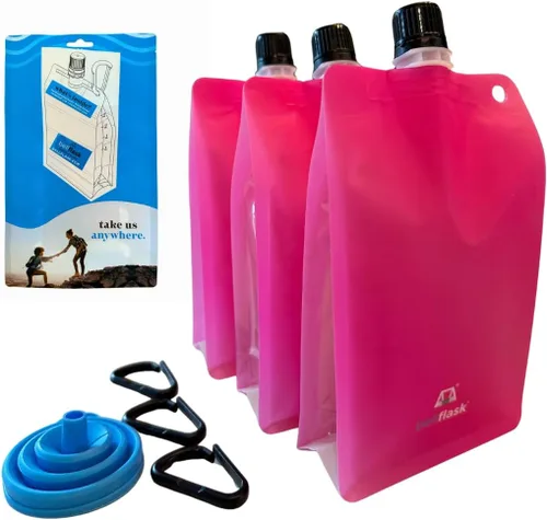 Miniatura 14 de BellFlask - Frasco de plástico de 15 onzas, patentado, flexible, sin metal, reutilizable, sin BPA con clip de mosquetón y embudo de llenado
