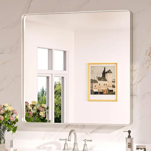 Miniatura 54 de Keonjinn Espejos de baño negros para sobre el fregadero, espejos cuadrados grandes de 36 x 36 pulgadas para pared, espejo rectangular redondeado