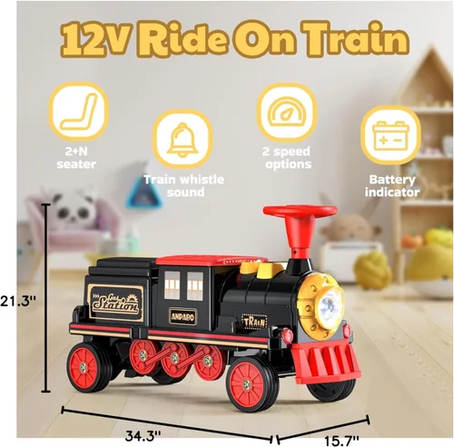 Miniatura 7 de ANPABO - Tren de montar de 2 plazas sin pista, coche eléctrico de 12 V para niños con asiento de altura ajustable, almacenamiento extra, faro, Rojo