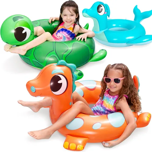SLOOSH Paquete de 3 flotadores inflables para piscina, dinosaurio, tortuga marina y delfín, anillos de natación para niños pequeños, piscina playa,