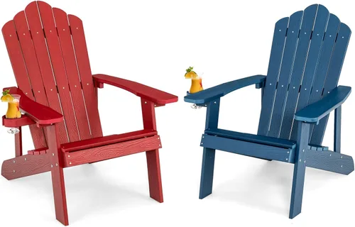 Miniatura 15 de Giantex Silla Adirondack para exteriores, sillas de patio de gran tamaño con portavasos oculto, veta de madera realista, capacidad de peso de 380