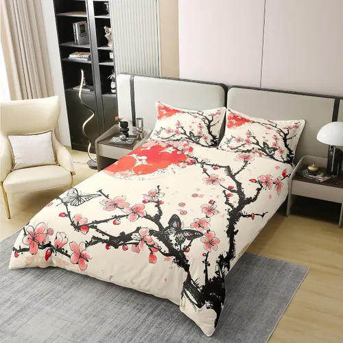 Miniatura 2 de jejeloiu Juego de funda de edredón de flores de cerezo 100% algodón, tamaño matrimonial, estilo japonés, juego de ropa de cama 100% algodón