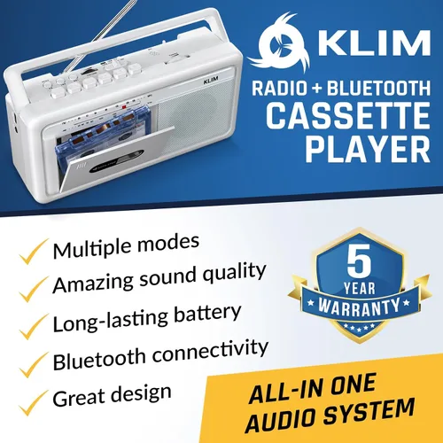 Miniatura 2 de KLIM Reproductor de casetes portátil y grabadora de cinta, Boombox con radio AM/FM, USB, Bluetooth, altavoz y conector para auriculares, funciona