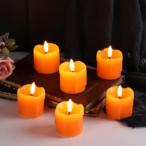 Miniatura 5 de Eywamage Velas votivas sin llama de cera de goteo naranja con pilas remotas, velas LED pequeñas de 2 x 2 pulgadas, juego de 6