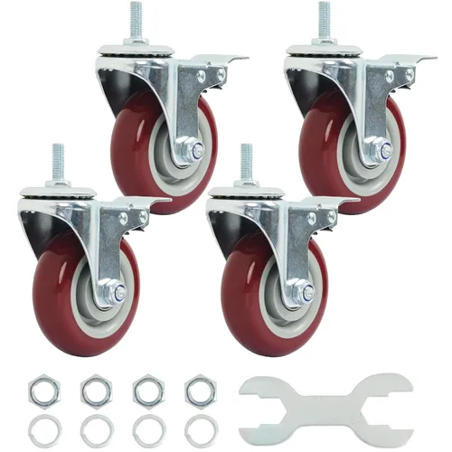 Finnhomy Ruedas giratorias con vástago roscado de 4 pulgadas, juego de 4 ruedas resistentes de 3/8"-16 x 1 con freno, ruedas industriales de bloqueo