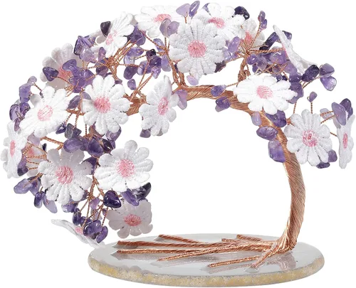 rockcloud Árbol de dinero de cristal de amatista con base de ágata, árbol de la vida de piedras preciosas Feng Shui para decoración de escritorio en