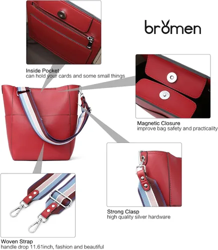 Miniatura 54 de BROMEN Bolsa Hobo para mujer, diseñada con cuero vegano, de hombro, bandolera