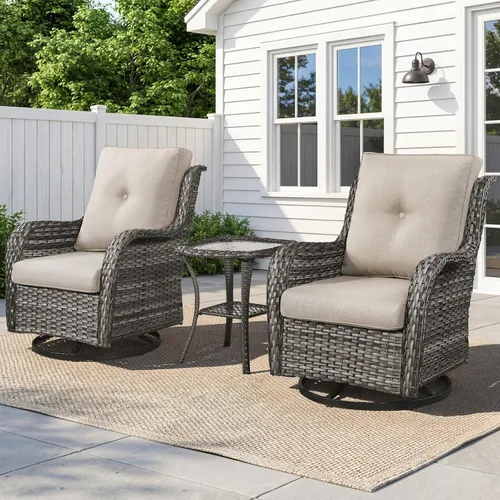 Belord - Juego de 3 piezas de muebles de patio - Sillas giratorias de mimbre con respaldo de balanceo, color gris mezclado, con mesa auxiliar, juego