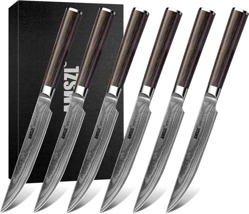 Juego de 6 cuchillos para carne, acero Damasco japonés sin dentar VG10 | Acero japonés VG10 Damasco, borde recto no dentado, paquete de 6, 61HRC,