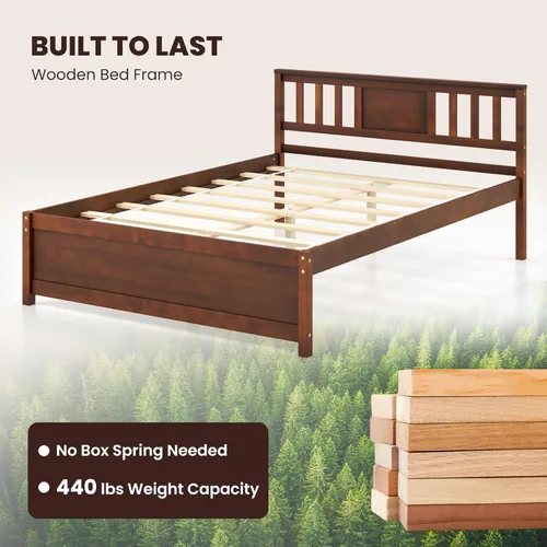 Miniatura 6 de Giantex Marco de cama de plataforma de madera maciza de tamaño matrimonial, marco de cama matrimonial de mediados de siglo con cabecero, soporte