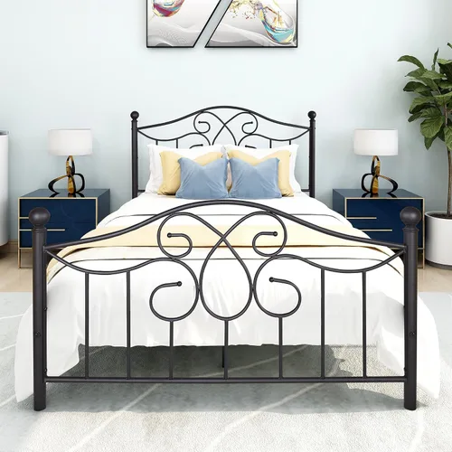 Miniatura 7 de DUMEE Base de cama de metal tamaño matrimonial con cabecera y estribo vintage, almacenamiento debajo de la cama, no necesita somier