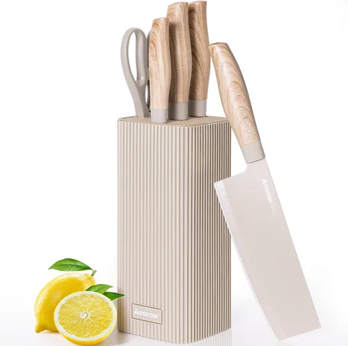 Miniatura 10 de Astercook Juego de cuchillos de cocina de 6 piezas con bloque, cuchillos de cocina ultra afilados de acero inoxidable de alto carbono, mango de Negro