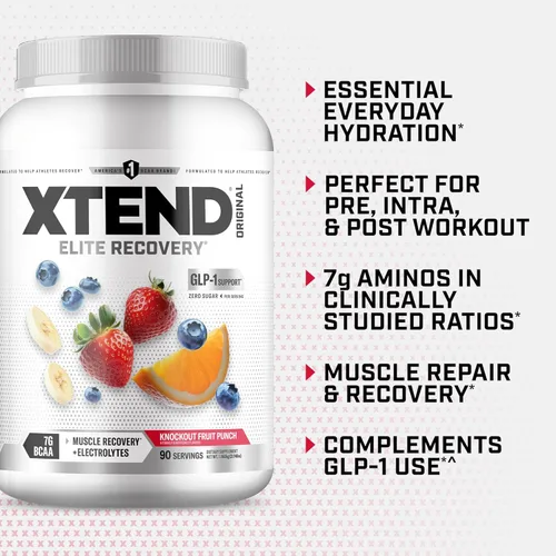 Miniatura 4 de XTEND Original BCAA - Polvo de Frutas Knockout Punch Bebida de recuperación muscular post entrenamiento sin azúcar con aminoácidos 7 g de BCAA