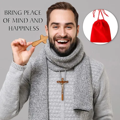 Miniatura 7 de WILLBOND Juego de 6 pequeños regalos de bautismo cruzados de mano de 4.1 pulgadas, decoración de cruz de pared con bolsa de terciopelo, crucifijo