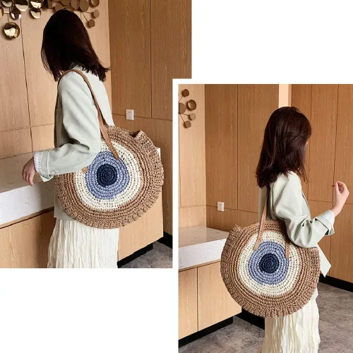 Miniatura 2 de JBR Bolso grande redondo de paja tejido al hombro bolso cruzado para mujer bolso de mano