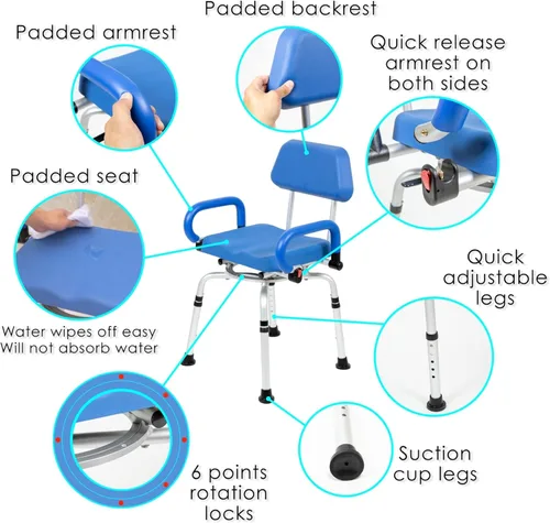 Miniatura 2 de iLIVING ILG-638 Silla de ducha giratoria para bañera y ducha con asiento acolchado, respaldo y brazos, y altura ajustable, color azul