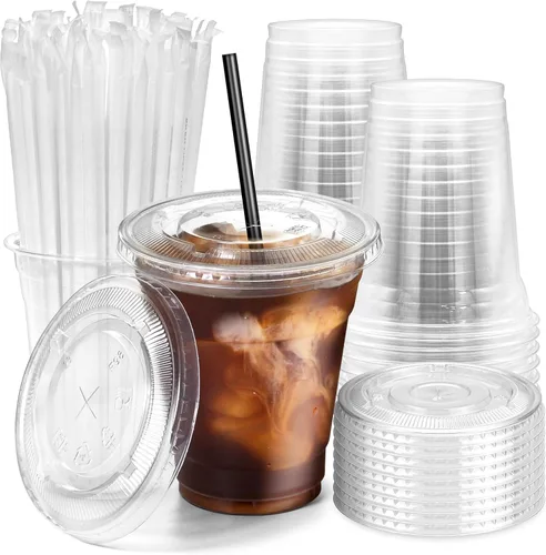 Fit Meal Prep Paquete de 100 Vasos de Plástico para Café Helado de 12 oz con Tapas Planas y Pajitas Negras, Vaso Transparente Desechable, Vaso Libre