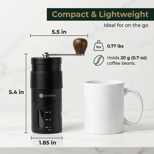 Miniatura 2 de Molino de café manual con rebabas cónicas de cerámica, molino de café de mano compatible con AeroPress con ajuste continuo de bloqueo de clic