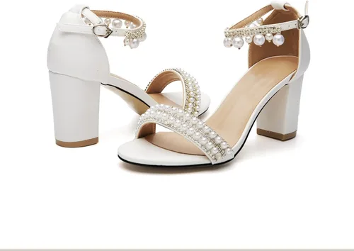 Miniatura 6 de Zapatos de novia para mujer, con puntera abierta, cómodos, tacón medio de bloque, correa al tobillo, sandalias de tacón con cadena de perlas