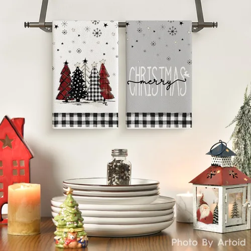 Miniatura 2 de Artoid Mode Toallas de cocina con estampado de búfalo Árboles de Navidad Camión de muñeco de nieve Feliz Navidad, Toallas de cocina y toallas