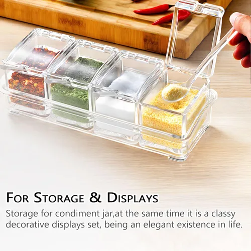 Miniatura 8 de V·RESOURCING Caja de condimentos transparente, 3 piezas de recipientes de especias con soporte para condimentos, sal y azúcar, con 3 cucharas