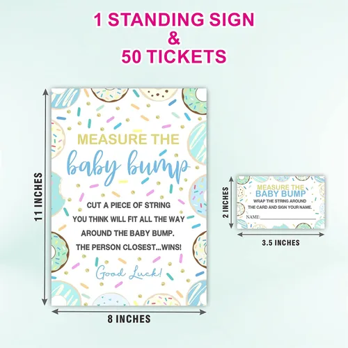 Miniatura 2 de Measure The Baby Bump Juego Set para Baby Shower – Tema de donut How Big is Mommy's Belly Sign, 1 letrero de pie con 50 boletos, revelación
