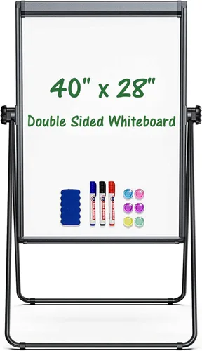 Pizarra Blanca Magnética de Pie 40 x 28 pulgadas Pizarra de Borrado en Seco de Doble Cara Altura Ajustable Caballete de Rotafolio con Ganchos de