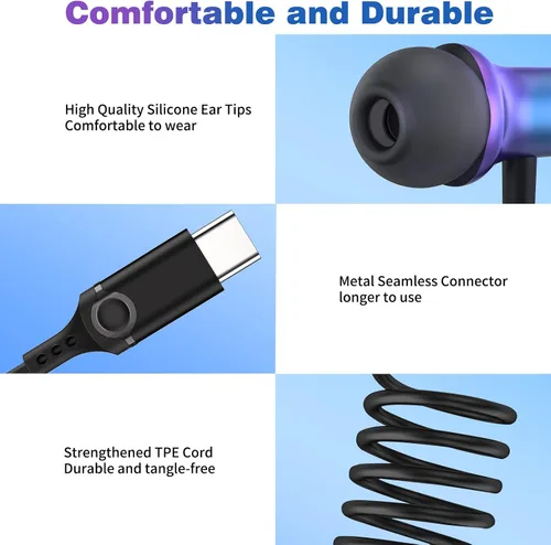 Miniatura 7 de COOYA Auriculares USB C para iPhone 17 Pro Max 16 15 Plus iPad Air Pixel 10 9 8 Tipo C Auriculares con cable con aislamiento de ruido magnético