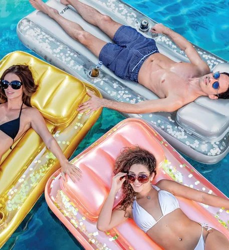 Miniatura 5 de POZA Colchón inflable gigante para piscina, tumbona grande y lujosa con confeti brillante, tapete de aire grueso de alta calidad, reposacabezas