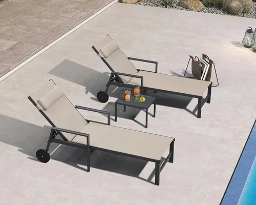 Miniatura 20 de PURPLE LEAF Juego de sillas de lounge al aire libre de gran tamaño de 3 piezas para patio, tumbona para piscina, estructura de aluminio con mesa