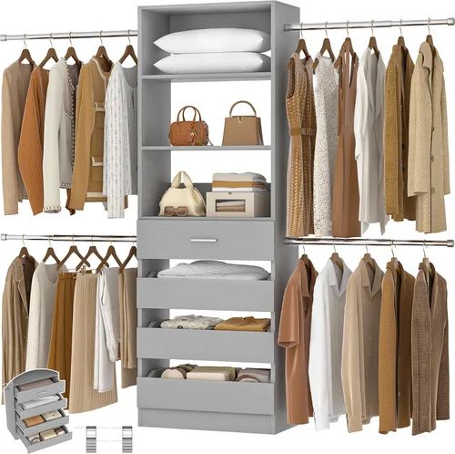 Miniatura 10 de Aheaplus - Sistema de armario, 4 a 9 pies, organizador de armario con 4 cajones de madera, sistema de organizador de armario de madera con torre