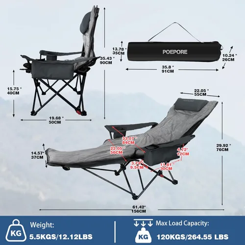 Miniatura 2 de Silla de camping reclinable de 4 posiciones con reposapiés, cómoda para adultos, tumbona plegable de 265 libras, silla de playa de malla con bolsa