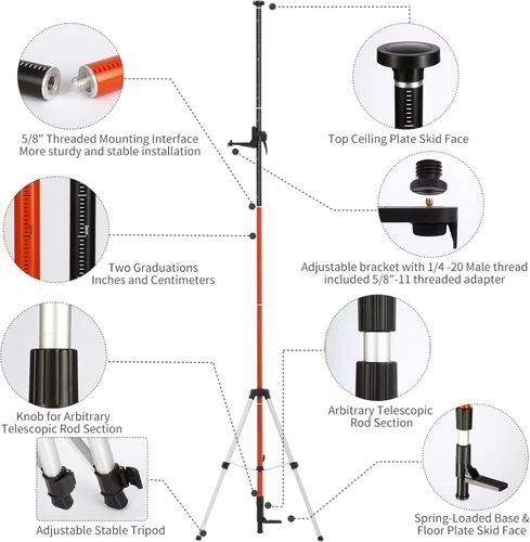 Miniatura 3 de Mástil telescópico, mástil de soporte telescópico para nivel láser con trípode y soporte para niveles láser de láseres rotativos y lineales