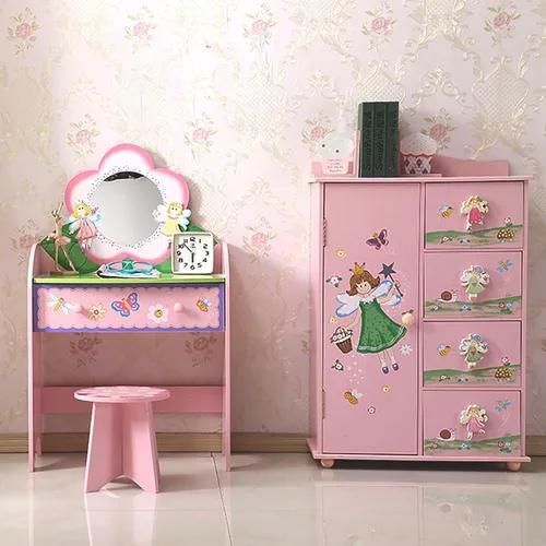 Miniatura 2 de Juego de tocador para niños con espejo y taburete, mesa de maquillaje de belleza con cajón grande y silla para niños pequeños y niños, tocador