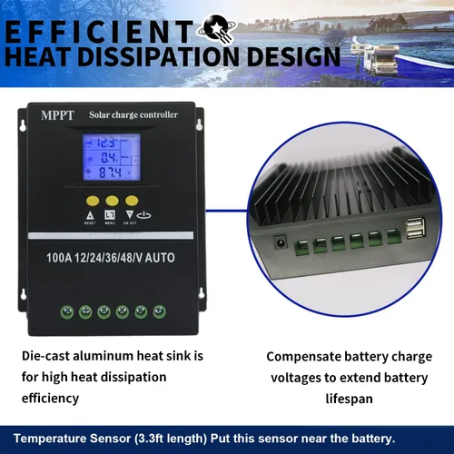 Miniatura 5 de MPPT 36V/48V/24V/12V Herramientas de controlador de carga solar 100A/80A/60A LCD Dual USB Plomo Ácido Baterías de litio Cargador rápido (60A)