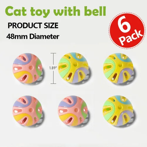 Miniatura 2 de Pelotas de juguete coloridas para gatos con campana, 6 unidades, diseño hueco interactivo, plástico, juguete de ejercicio de entrenamiento