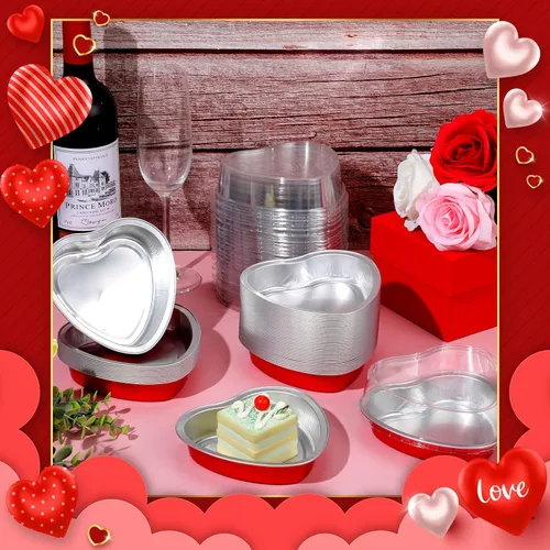 Miniatura 3 de Yinkin Juego de 50 moldes de aluminio con forma de corazón de 9 onzas con tapa, moldes desechables de papel de aluminio para cupcakes, moldes