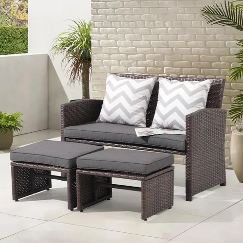 Miniatura 10 de OC Orange-Casual - Juego de muebles de patio, 3 piezas de sofá seccional de mimbre para exteriores con otomanos para el porche, ratán gris