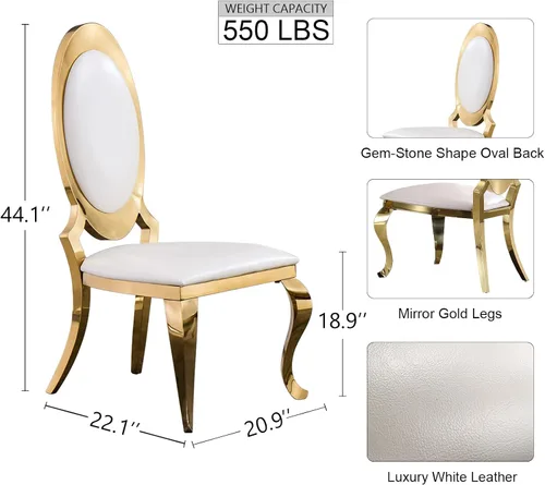 Miniatura 2 de ACEDÉCOR Sillas de comedor blancas y doradas, modernas sillas de piel sintética blanca, magnífica silla ovalada con respaldo de acero inoxidable