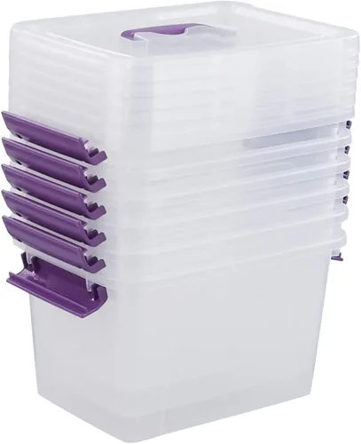 Miniatura 6 de Contenedor de plástico transparente con tapa, caja de cierre de 6 cuartos de galón con mango morado, 6 paquetes
