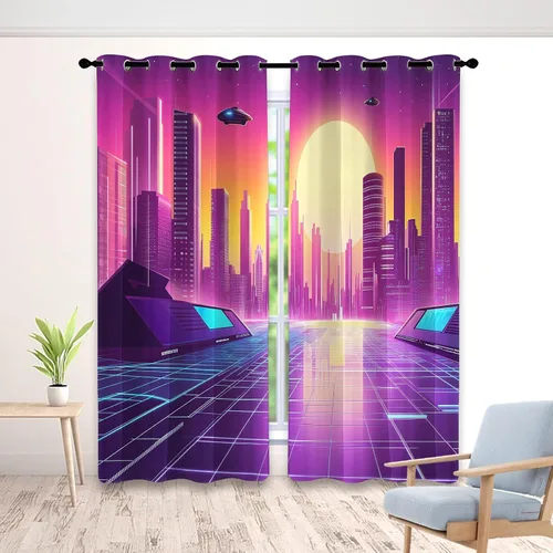 Miniatura 9 de Synthwave - Cortinas opacas para ventanas de cocina, cortinas de neón Cyberpunk City para decoración de dormitorio, sala de estar, cortinas retro