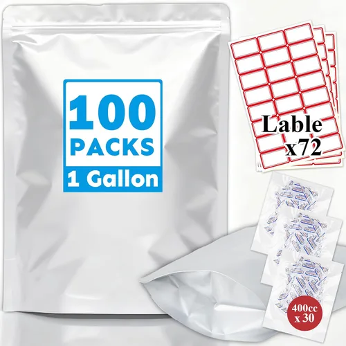Bolsas Mylar de 1 galón, 100 unidades de 14 x 10 pulgadas para almacenamiento de alimentos con absorbentes de oxígeno y etiquetas, cremallera