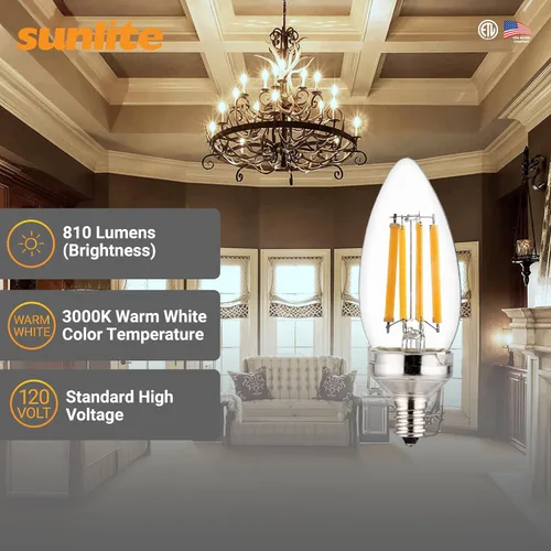 Miniatura 2 de Sunlite Bombilla LED Edison B11 40270 con punta de torpedo, 7.5 vatios (equivalente a 60 W), 810 lúmenes, base de candelabro E12, regulable